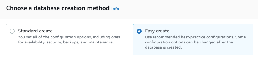 Screenshot of the "Choose a database creation method" section with "Easy create" selected
