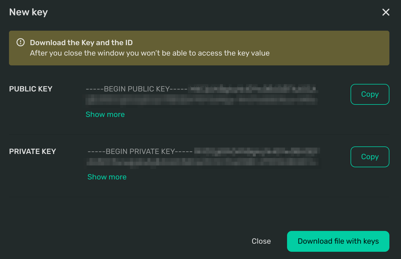 Screenshot of a one-time dialog that shows your Secret key