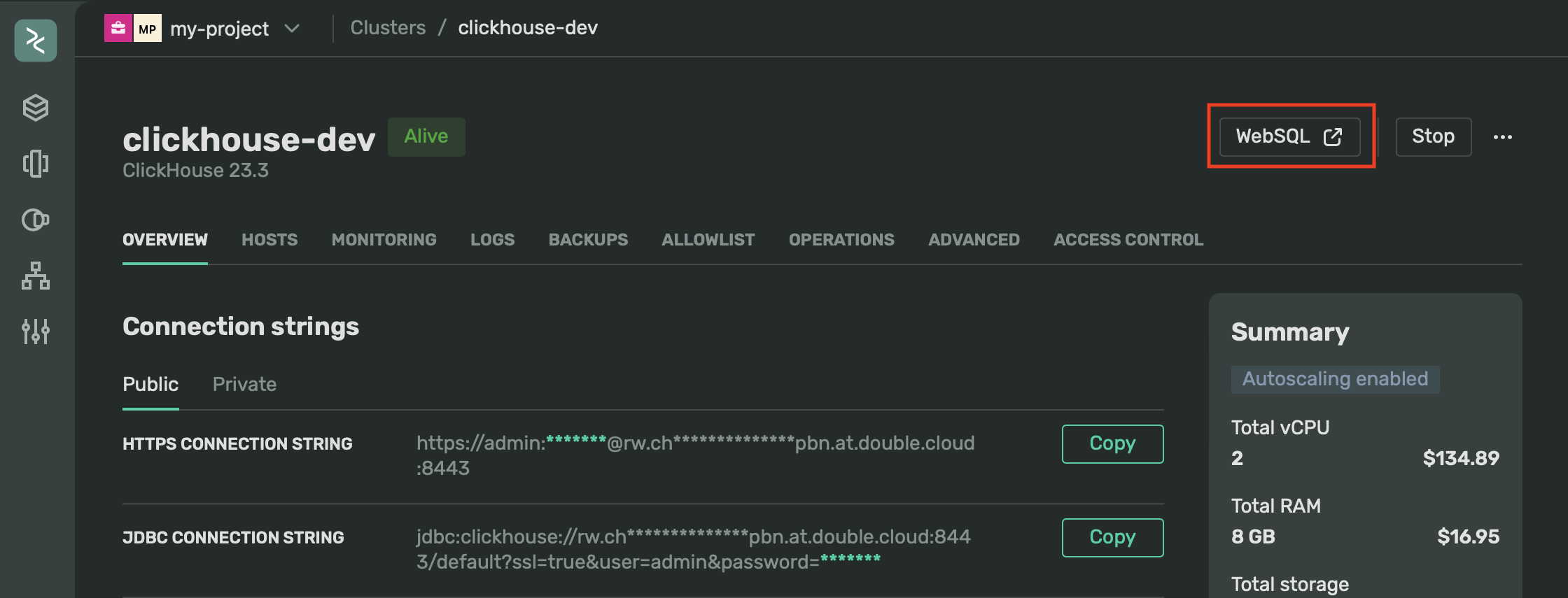 Screenshot of a ClickHouse® cluster page in the DoubleCloud console showing the WebSQL button