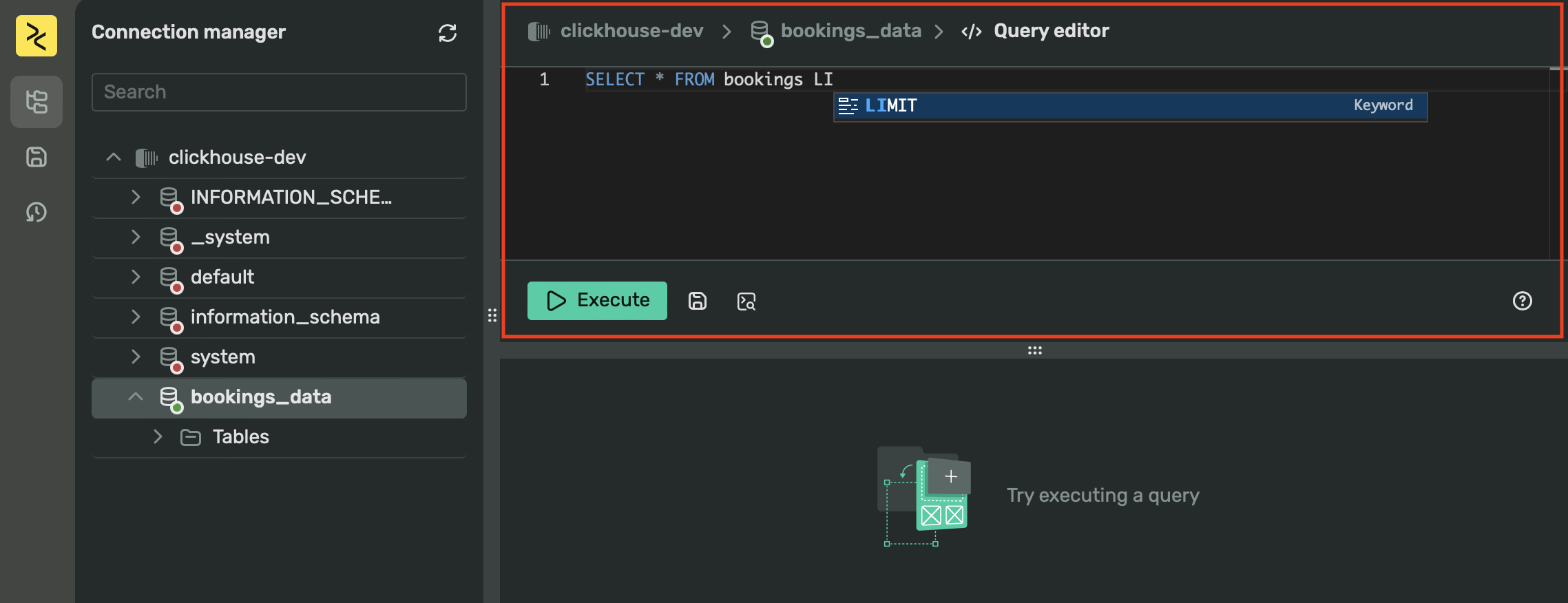 Screenshot of WebSQL showing the query editor