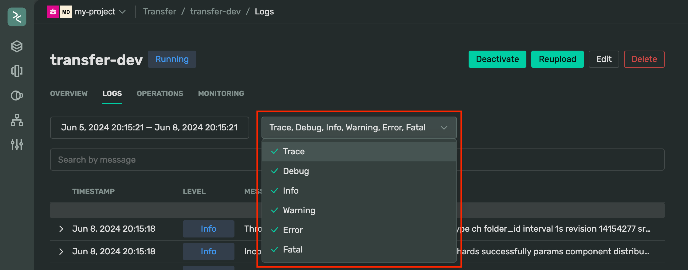 Screenshot showing where to select the level for filtering transfer logs