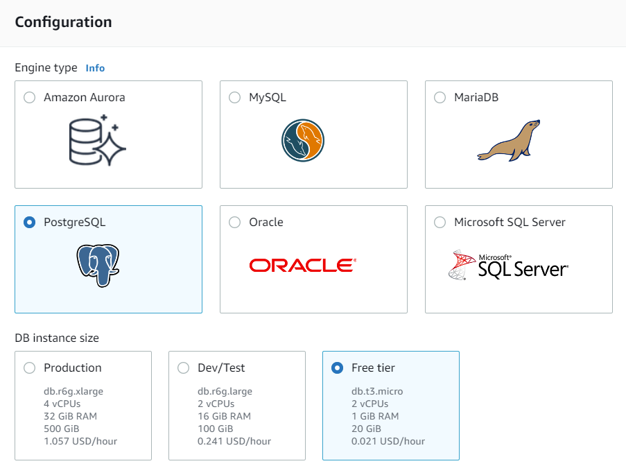 Screenshot of the database creation page with the "Postgres" and "Free tier" options selected