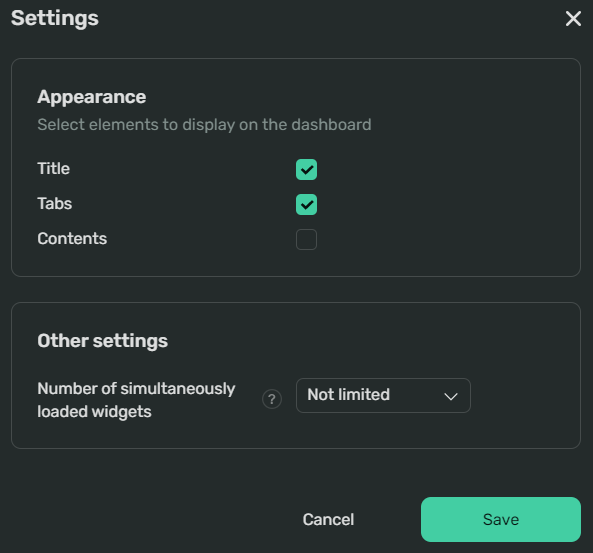 Screenshot of the dashbord settings dialog