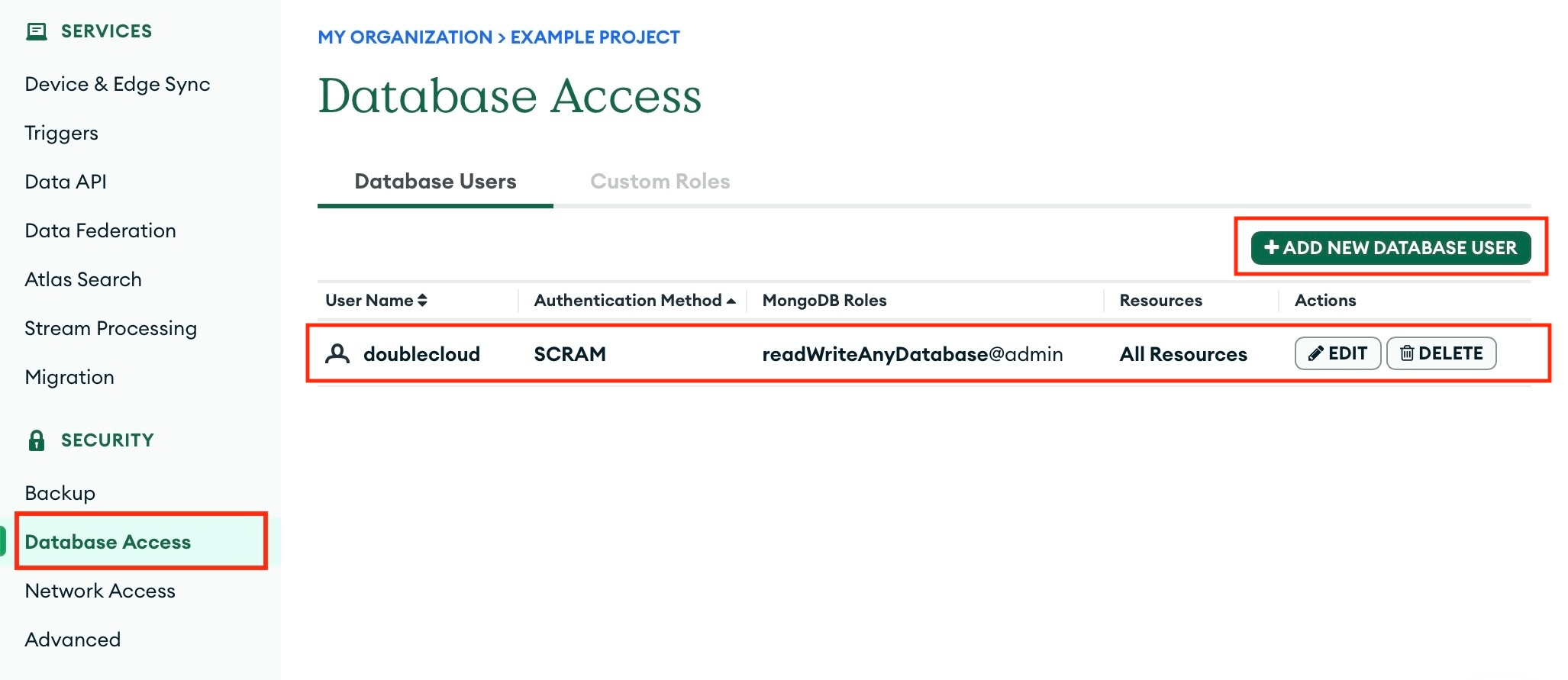 Screenshot showing database access configuration in MongoDB Atlas settings