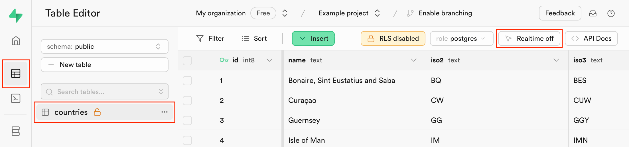 Screenshot showing the realtime button on the Table editor page in Supabase