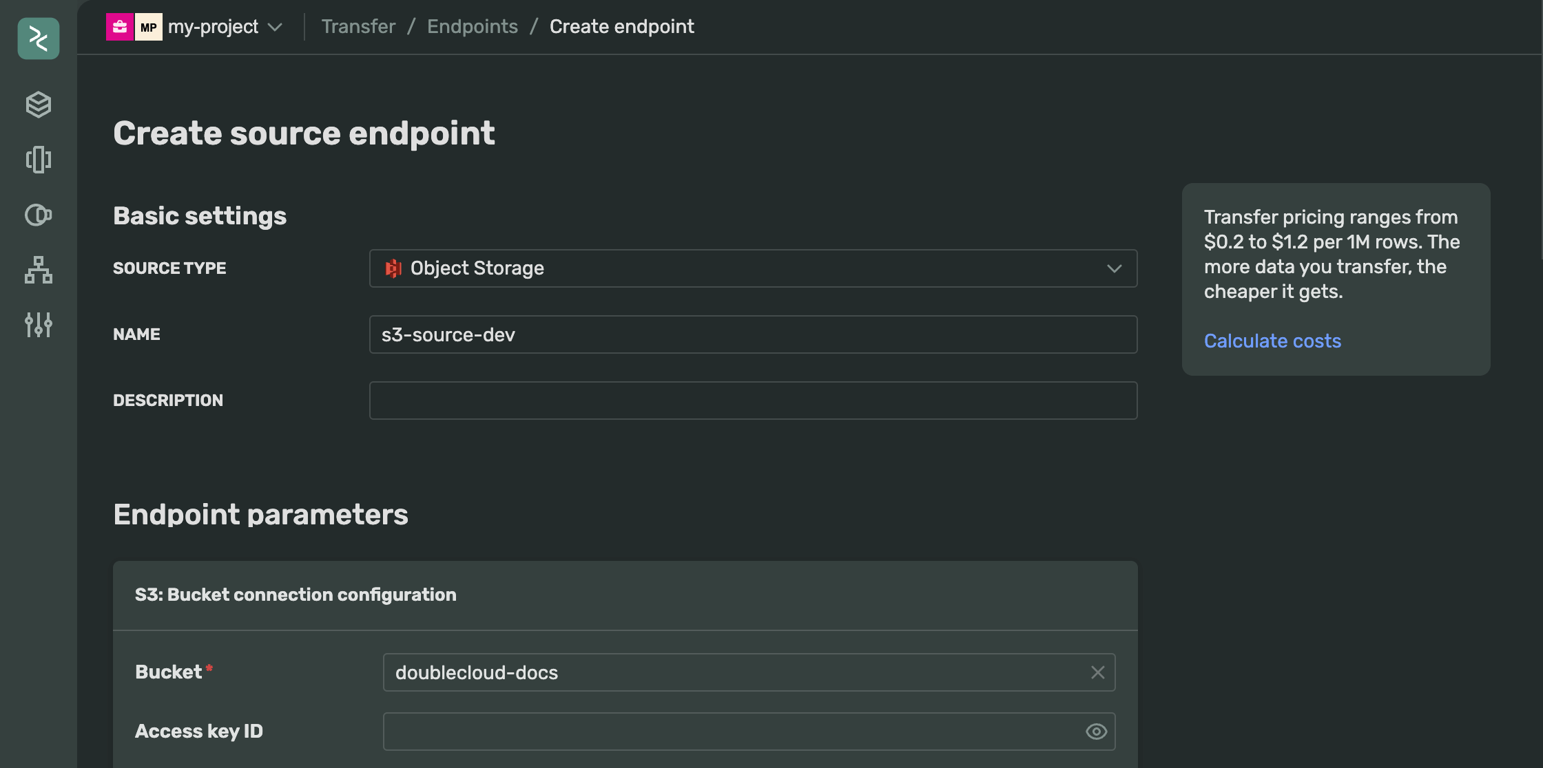 Screenshot showing basic settings of a new Object storage source endpoint