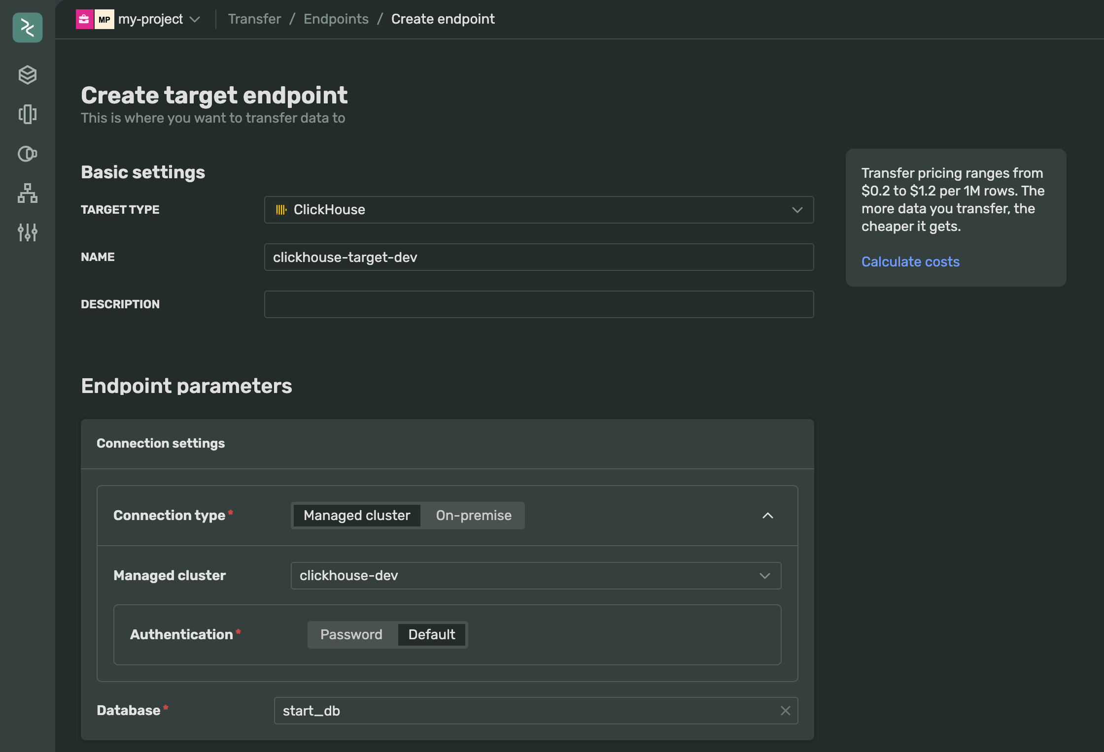 Screenshot showing basic settings and endpoint configuration of a new ClickHouse® target endpoint