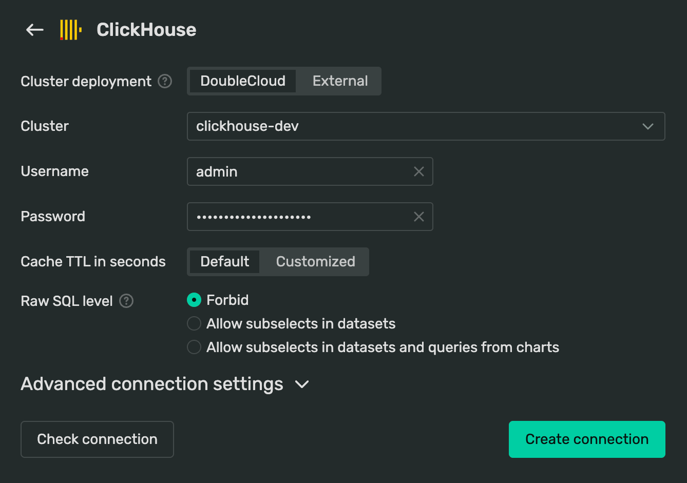 Screenshot showing a ClickHouse connection