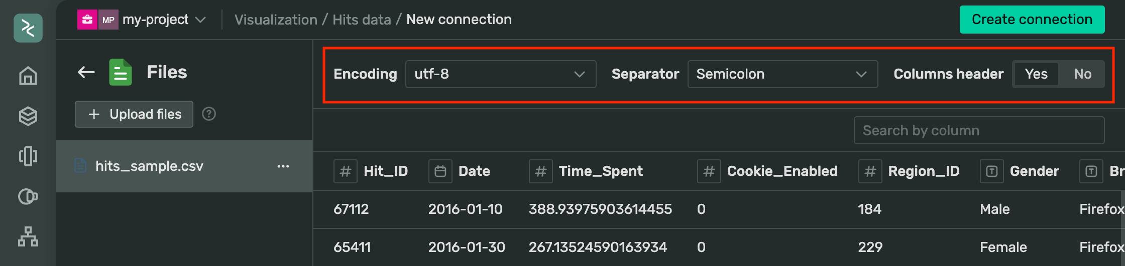 A screenshot showing a "New connection" page with an uploaded CSV file, import settings, and data preview